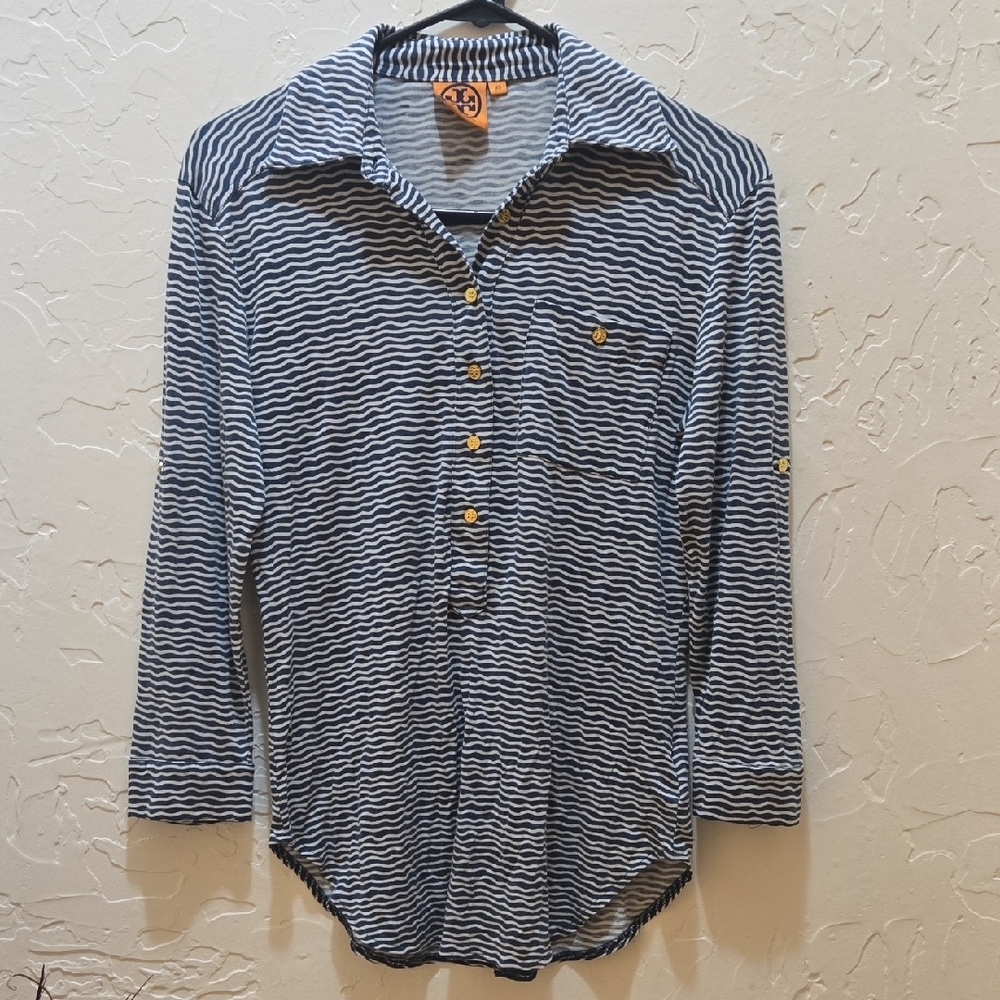 Tory Burch Navy and White Wavy Striped Long Sleeve Top